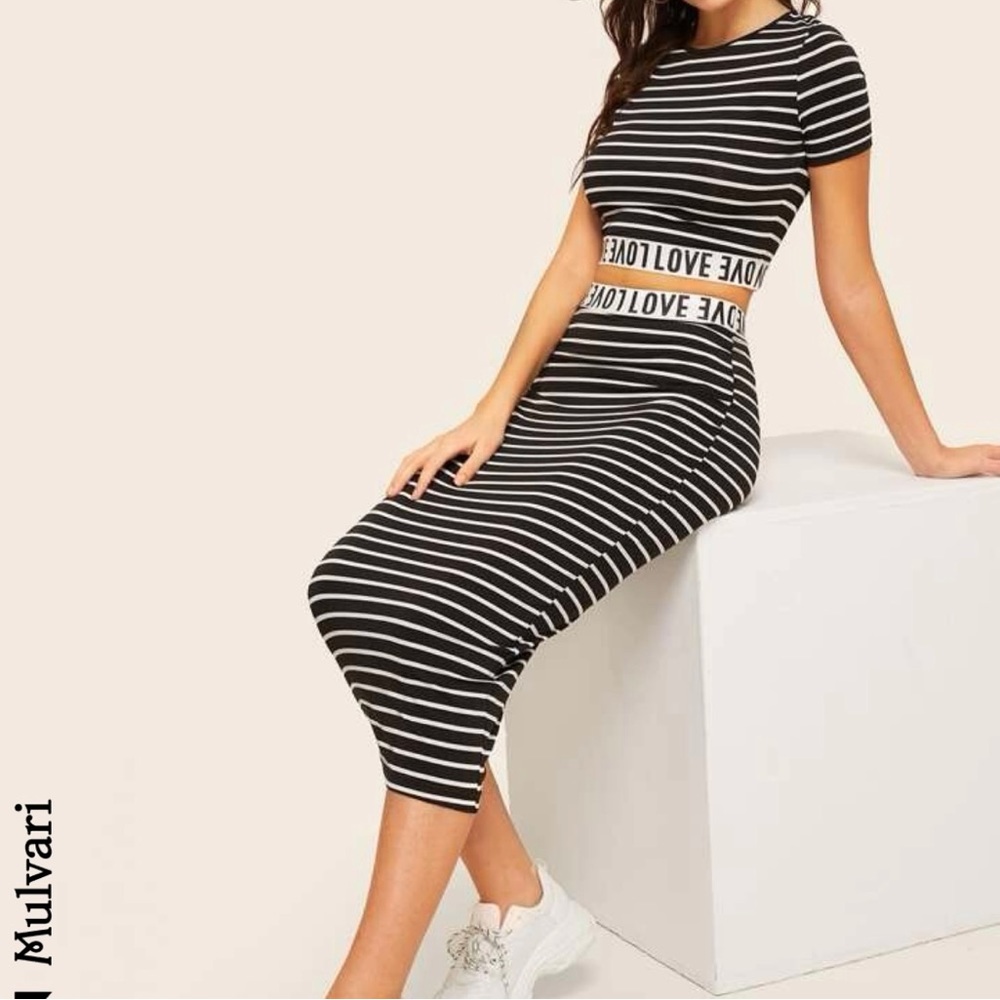 SHEIN Mulvari Love Graphic Striped Crop Top & Skirt Set